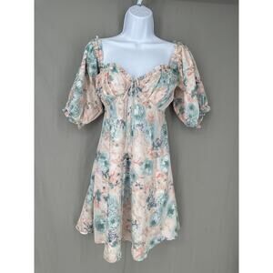 Grade Gather Dress Medium Blue Floral Mini Sweetheart Babydoll Pastel Cottage